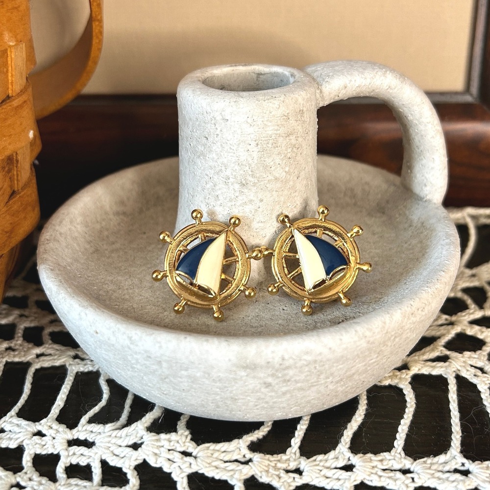Vintage Nautical Gold‎ Tone Ships Wheel Sailboat Blue White Clip On Earrings